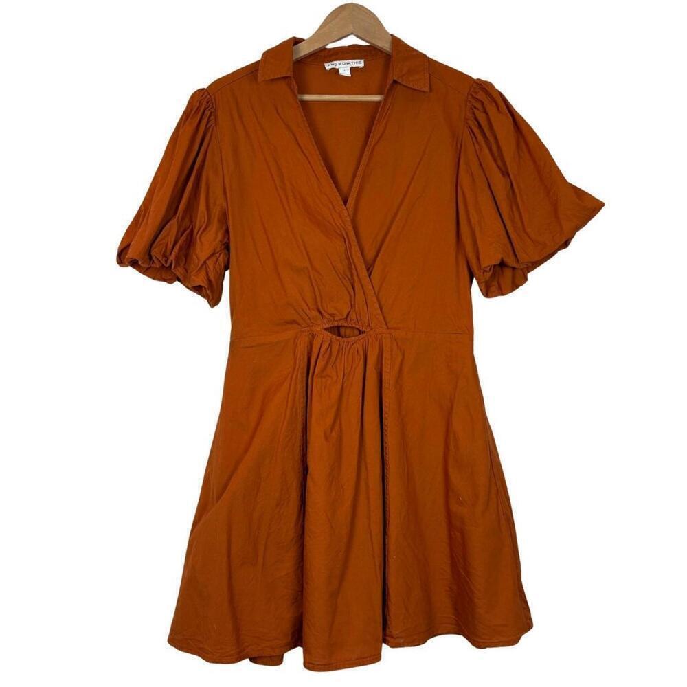 Macy's And Now This Orange Cutout Fit & Flare Bubble Sleeve Dress Size: Large - Picture 2 of 8